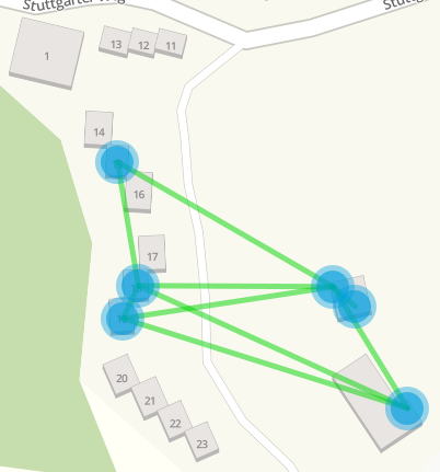 Screenshot der Nodes (Punkte) und des Mesh-Netzwerk (grüne Linien)