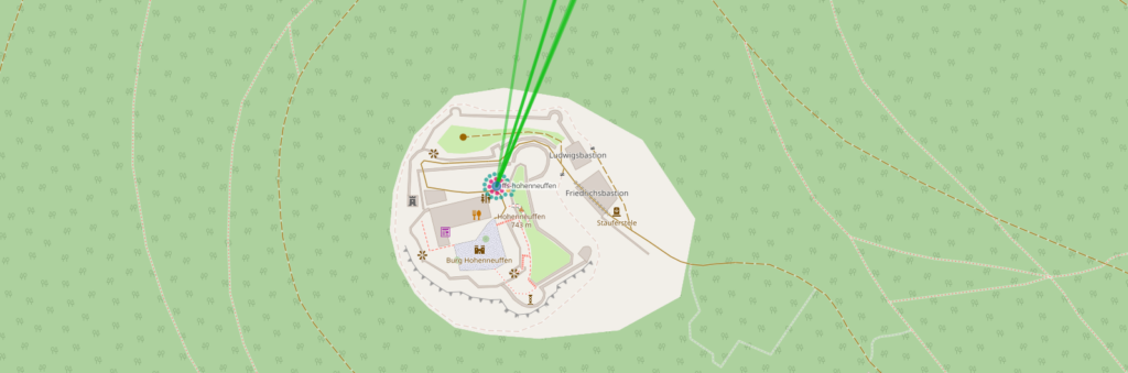 Screenshot von der Freifunk-Karte vom Hohenneufen. Es sind die Knoten, die Richtfunkstrecke und die Punkte der Clients zu sehen.