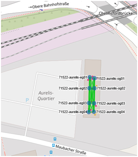 Ein Auszug aus der Freifunk-Karte die das Aurelis-Areal mit 8 Access-Points zeigt.